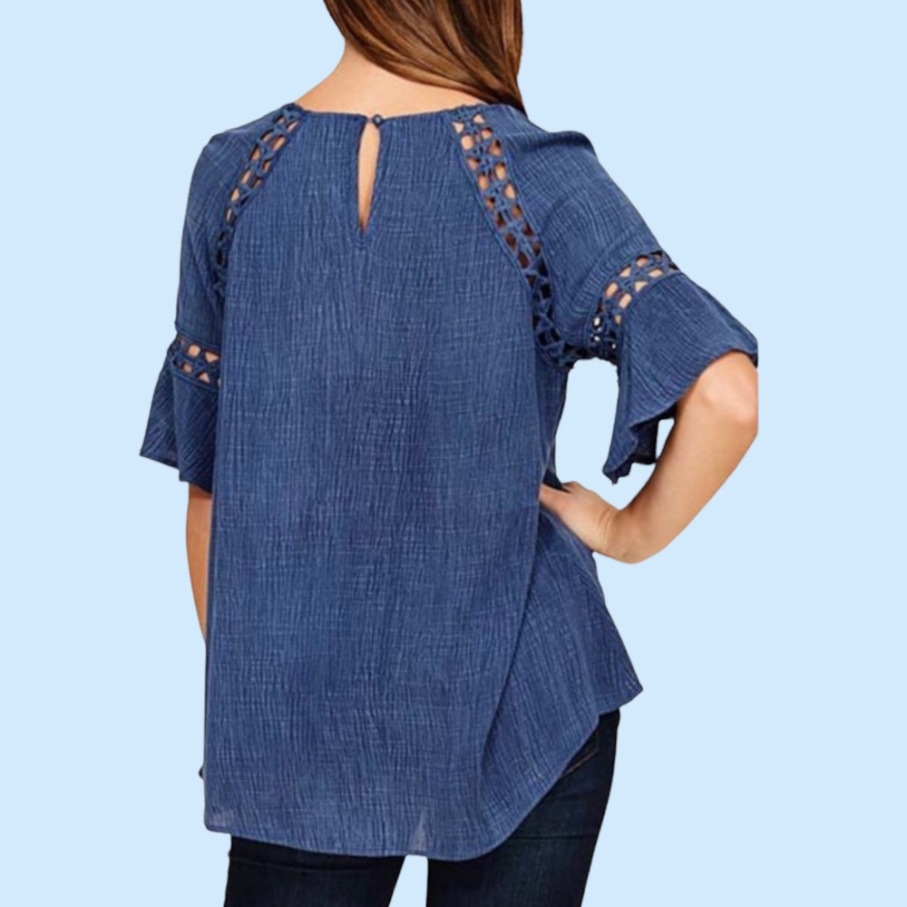 Annabelle Indigo Denim Blue Open Inset Design Flutter Sleeve Top NWT - Picture 3 of 13
